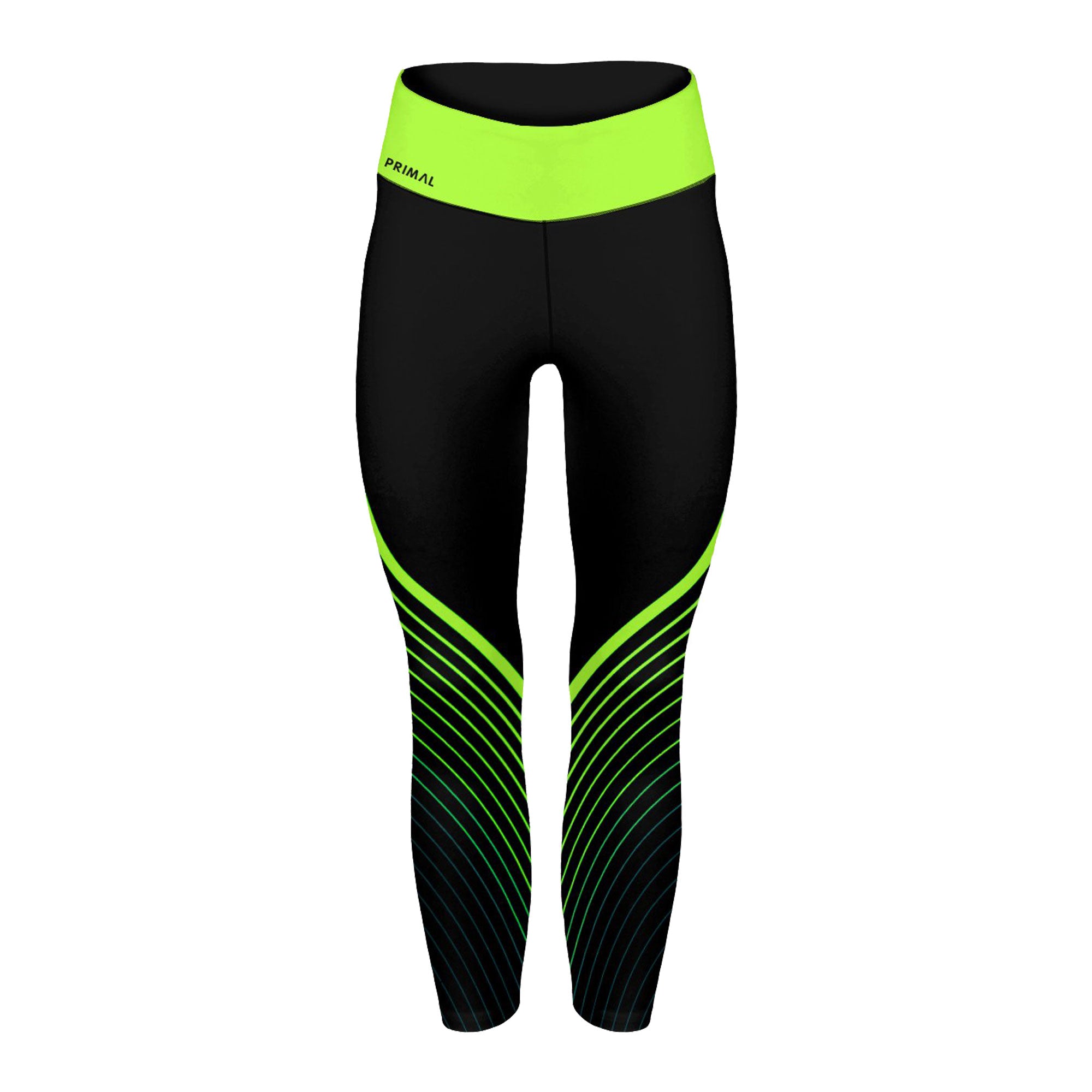 Black High Waisted Leggings With Neon Green Lined Sheer Panel